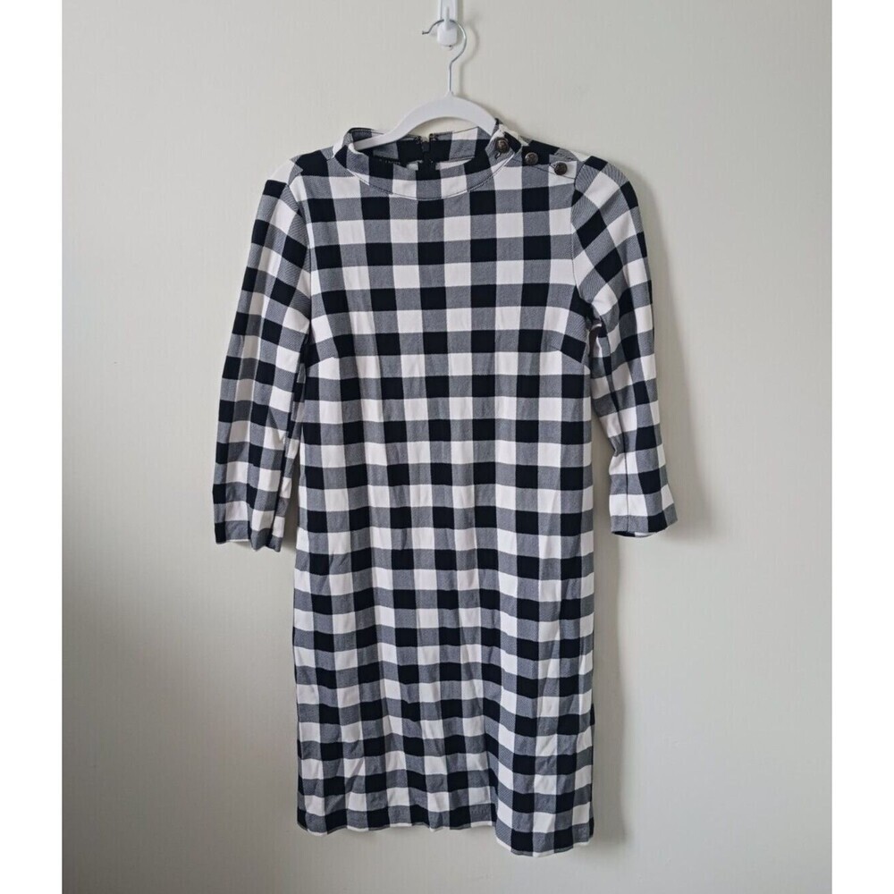 Talbots Petite Plaid Sheath Dress‎ PS Black White Mock Neck Career